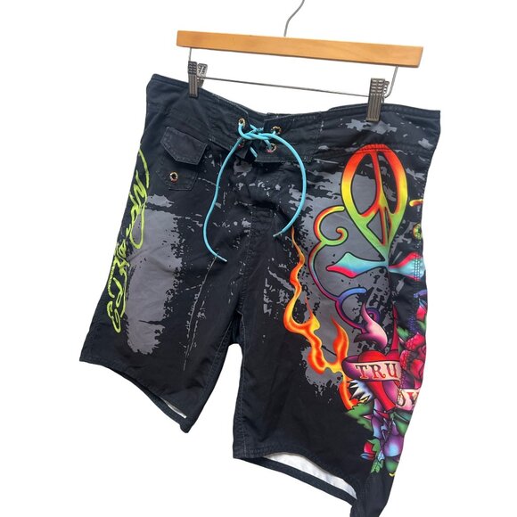 Ed Hardy Christian Audigier Vintage Y2K Black Graphic Swim Trunks Board Shorts - Picture 1 of 9